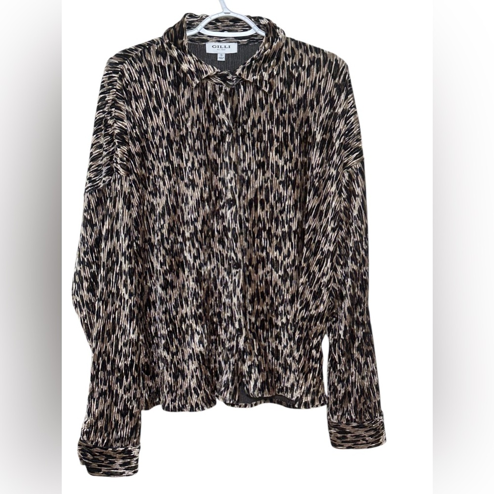 Gilli Blouse Women Small Brown Leopard Print Oversized Ribbed Boho Animal Top
